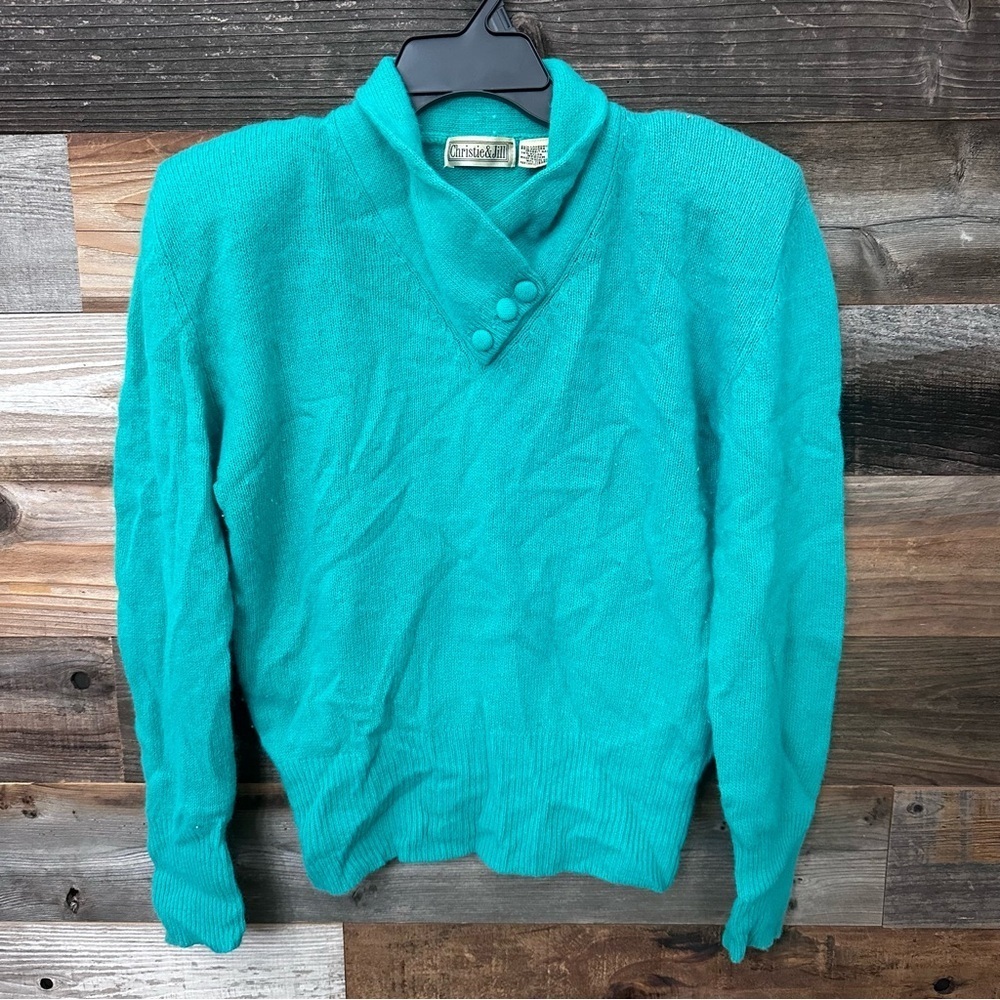 Vintage 80’s Fuzzy Green Angora‎ Lambswool Sweater Medium Shoulder Pads Y2K